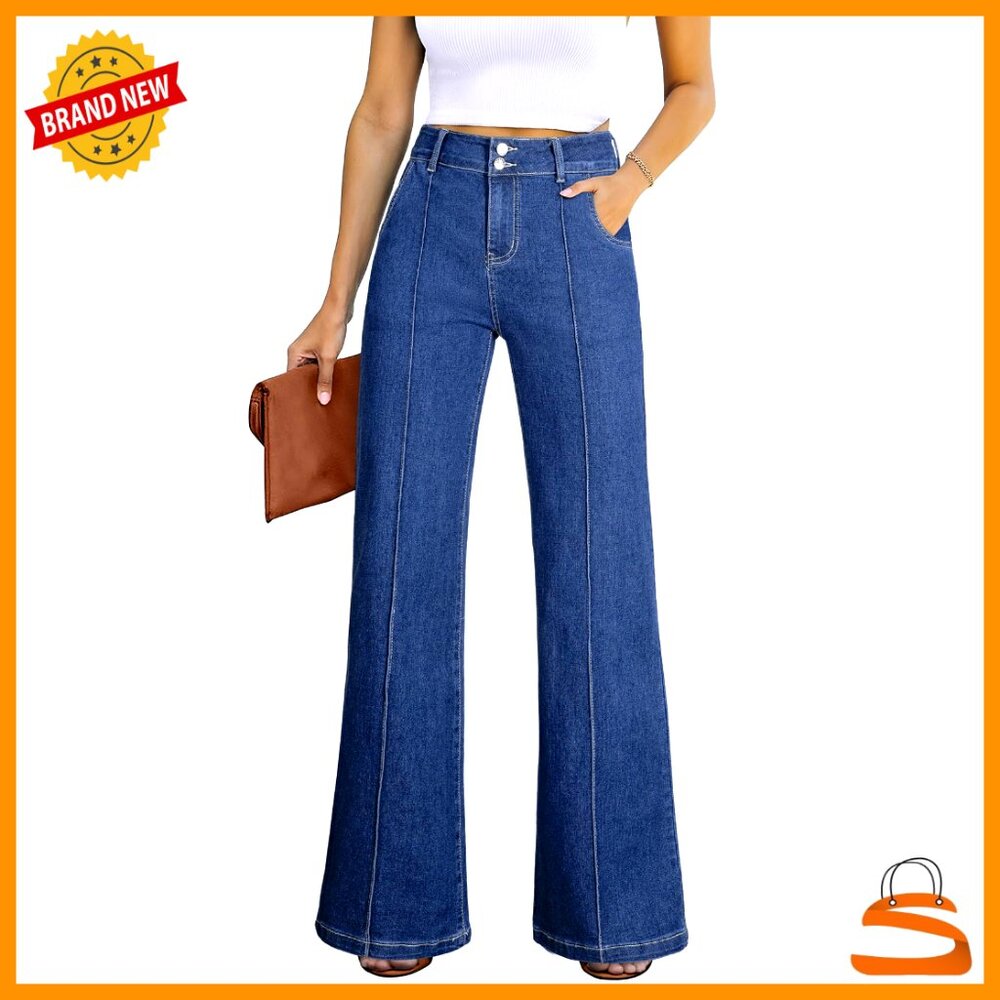 High Waisted Wide Leg Stretch Denim Jeans Casual Baggy Fit Pants - Picture 1 of 7